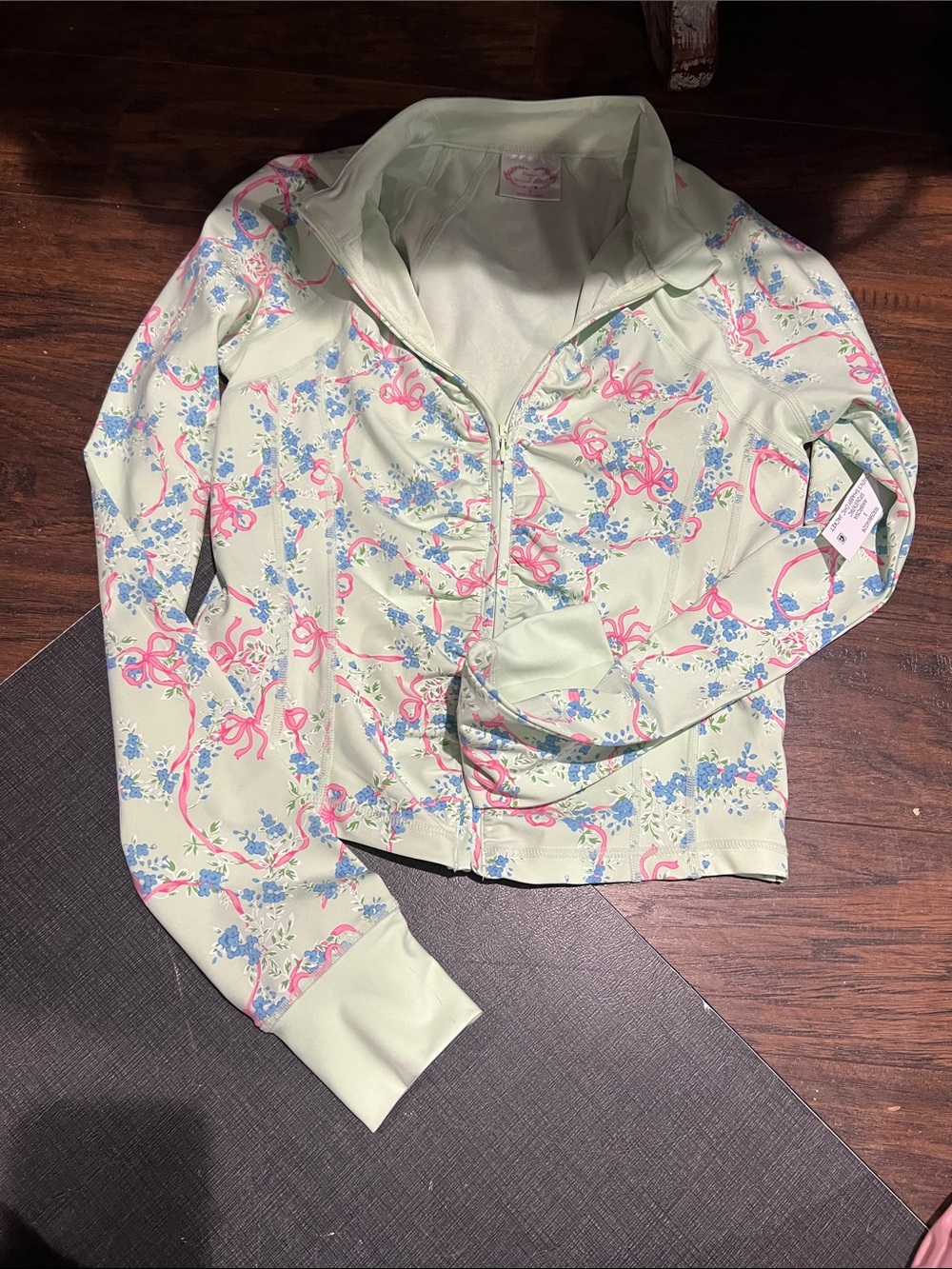 Shabby Chic Light Green Floral Zip Jacket with Pink & Blue Accents